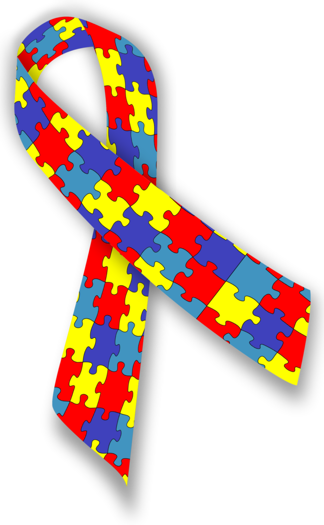 A colorful puzzle piece shaped ribbon on black background.